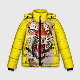 Зимняя куртка для мальчиков 3D с принтом Оскал тигра в Новосибирске, ткань верха — 100% полиэстер; подклад — 100% полиэстер, утеплитель — 100% полиэстер | длина ниже бедра, удлиненная спинка, воротник стойка и отстегивающийся капюшон. Есть боковые карманы с листочкой на кнопках, утяжки по низу изделия и внутренний карман на молнии. 

Предусмотрены светоотражающий принт на спинке, радужный светоотражающий элемент на пуллере молнии и на резинке для утяжки | барс | волк | детёныш | джунгли | енот | животное | зубр | кот | лев | леопард | львица | медведь | охотник | пасть | полосы | пятнистая | рык | рычание | тигр | тигрица | хозяин | царьзверей | шерсть