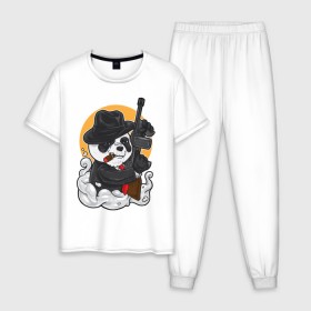 Мужская пижама хлопок с принтом Panda Gangster в Новосибирске, 100% хлопок | брюки и футболка прямого кроя, без карманов, на брюках мягкая резинка на поясе и по низу штанин
 | art | automatic | bandit | gangster | panda | weapons | автомат | арт | бандит | гангстер | оружие | панда