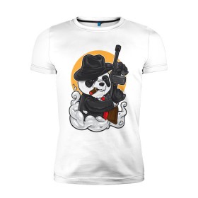 Мужская футболка премиум с принтом Panda Gangster в Новосибирске, 92% хлопок, 8% лайкра | приталенный силуэт, круглый вырез ворота, длина до линии бедра, короткий рукав | art | automatic | bandit | gangster | panda | weapons | автомат | арт | бандит | гангстер | оружие | панда