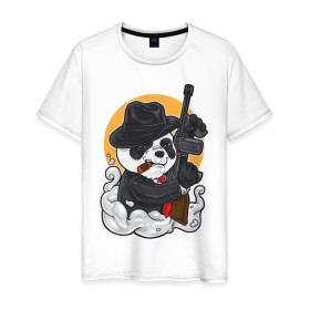 Мужская футболка хлопок с принтом Panda Gangster в Новосибирске, 100% хлопок | прямой крой, круглый вырез горловины, длина до линии бедер, слегка спущенное плечо. | Тематика изображения на принте: art | automatic | bandit | gangster | panda | weapons | автомат | арт | бандит | гангстер | оружие | панда