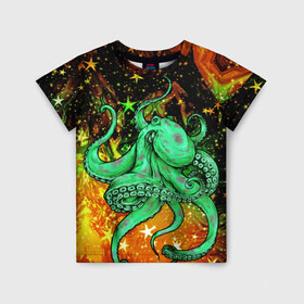 Детская футболка 3D с принтом Cosmo Octopus в Новосибирске, 100% гипоаллергенный полиэфир | прямой крой, круглый вырез горловины, длина до линии бедер, чуть спущенное плечо, ткань немного тянется | Тематика изображения на принте: cosmo | kraken | medusa | meduza | ocean | octopus | pirates | арт | ван | гог | звезды | искусство | картина | космос | кракен | красочный | медуза | море | океан | осьминог | пираты | принт | стиль