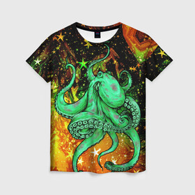 Женская футболка 3D с принтом Cosmo Octopus в Новосибирске, 100% полиэфир ( синтетическое хлопкоподобное полотно) | прямой крой, круглый вырез горловины, длина до линии бедер | cosmo | kraken | medusa | meduza | ocean | octopus | pirates | арт | ван | гог | звезды | искусство | картина | космос | кракен | красочный | медуза | море | океан | осьминог | пираты | принт | стиль