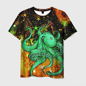 Мужская футболка 3D с принтом Cosmo Octopus в Новосибирске, 100% полиэфир | прямой крой, круглый вырез горловины, длина до линии бедер | Тематика изображения на принте: cosmo | kraken | medusa | meduza | ocean | octopus | pirates | арт | ван | гог | звезды | искусство | картина | космос | кракен | красочный | медуза | море | океан | осьминог | пираты | принт | стиль