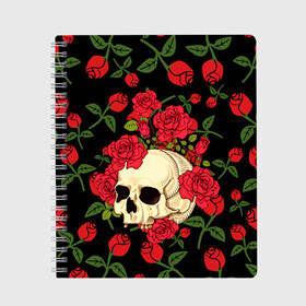 Тетрадь с принтом Skull Roses в Новосибирске, 100% бумага | 48 листов, плотность листов — 60 г/м2, плотность картонной обложки — 250 г/м2. Листы скреплены сбоку удобной пружинной спиралью. Уголки страниц и обложки скругленные. Цвет линий — светло-серый
 | Тематика изображения на принте: rose | roses | анатомия | белая | белое | гот | косплей | кости | кость | костюм | красочная | пират | пираты | подарок | прикольная | роза | светлая | стиль | темная | тренд | чб | череп | черепа | черепушки