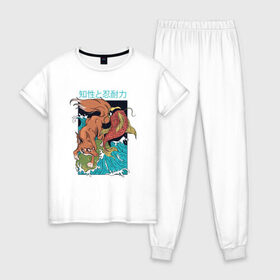 Женская пижама хлопок с принтом Лиса и Карп в Новосибирске, 100% хлопок | брюки и футболка прямого кроя, без карманов, на брюках мягкая резинка на поясе и по низу штанин | art | casula | fox | fresco | japan | japanese | kanji | koi | style | trend | trendy | wave | арт | в трендах | волна | кандзи | карп | кэжуал | лиса | лисица | лисичка | на стиле | рыба | рыбка | рыбки | стиль | тренд | тренды | фреска | яп