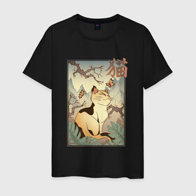 Мужская футболка хлопок с принтом Кот в японском стиле в Новосибирске, 100% хлопок | прямой крой, круглый вырез горловины, длина до линии бедер, слегка спущенное плечо. | Тематика изображения на принте: hokusai | kanji | picture | poster | в стиле | видами | горы | деревья | искусство | кандзи | картина | кот | котейка | котенок | котэ | котята | кошечка | кошка | красотами | любуется | пейзаж | постер | стиль | фреска