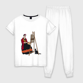 Женская пижама хлопок с принтом Фрида за мольбертом в Новосибирске, 100% хлопок | брюки и футболка прямого кроя, без карманов, на брюках мягкая резинка на поясе и по низу штанин | artist | frida kahlo | фрида | фрида кало | художница