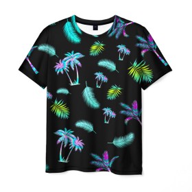 Мужская футболка 3D с принтом Tropiki в Новосибирске, 100% полиэфир | прямой крой, круглый вырез горловины, длина до линии бедер | брызги красок | кокос | космос | краска | летняя ночь | лето | лист пальмы | неон | неоновая пальма | пальма | перо | пляж