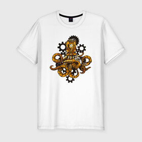 Мужская футболка хлопок Slim с принтом Стимпанк осьминог в Новосибирске, 92% хлопок, 8% лайкра | приталенный силуэт, круглый вырез ворота, длина до линии бедра, короткий рукав | Тематика изображения на принте: mecha | mechanism | octopus | punk | retro | steampunk | technology | головоногий | кальмар | металлический | механизм | моллюск | осьминог | осьминожка | панк | пар | паровой панк | паропанк | ретро | робот | спрут | стимпанк