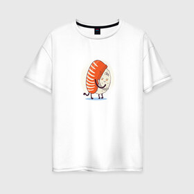 Женская футболка хлопок Oversize с принтом Суши обнимашки в Новосибирске, 100% хлопок | свободный крой, круглый ворот, спущенный рукав, длина до линии бедер
 | anime | hug | hugs | kawaii | love | salmon | sushi | trout | аниме | кавай | кавайная | кавайные | кавайный | лосось | любовь | милая | милота | милые | нежная | нежные | обнимай | обнимашки | обними | объятия | рис | рис и рыба