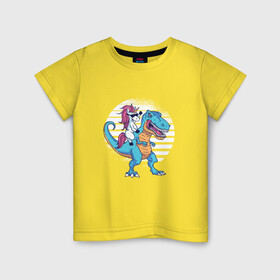 Детская футболка хлопок с принтом Единорог верхом на динозавре в Новосибирске, 100% хлопок | круглый вырез горловины, полуприлегающий силуэт, длина до линии бедер | dino | dinosaur | dinosaurus | evil | t rex | unicorn | верхом на динозавре | динозавр | единорог | животные | забавная | забавные | злой | милый | прикол | прикольная | прикольные | радуга | ржака | с юмором | ти рекс