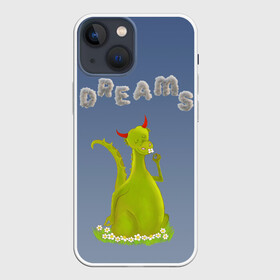 Чехол для iPhone 13 mini с принтом Dragon Dreams в Новосибирске,  |  | девушке | детское | дракон | дракон добрый | дракон лето | дракон мечтатель | дракон ребенку | дракон цветы | дракончик | летний дракон | лето | мечтай | мечтатель | мечты | мечты дракона