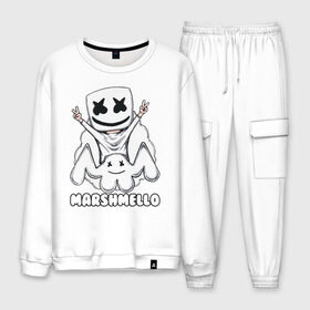 Мужской костюм хлопок с принтом MARSHMELLO в Новосибирске, 100% хлопок | на свитшоте круглая горловина, мягкая резинка по низу. Брюки заужены к низу, на них два вида карманов: два “обычных” по бокам и два объемных, с клапанами, расположенные ниже линии бедра. Брюки с мягкой трикотажной резинкой на поясе и по низу штанин. В поясе для дополнительного комфорта — широкие завязки | dj | marshmello | marshmellow | usa | америка | клуб | клубная музыка | мармело | маршмелло | маршмеллоу | музыка | музыкант