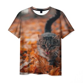 Мужская футболка 3D с принтом мяукающий кот осенние листья в Новосибирске, 100% полиэфир | прямой крой, круглый вырез горловины, длина до линии бедер | Тематика изображения на принте: золотая осень | кот | кошка | крик | листва | листья | мяу | мяукает | осень | сезон | уличный котейка