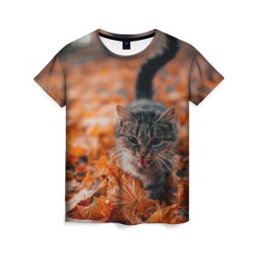 Женская футболка 3D с принтом мяукающий кот осенние листья в Новосибирске, 100% полиэфир ( синтетическое хлопкоподобное полотно) | прямой крой, круглый вырез горловины, длина до линии бедер | золотая осень | кот | кошка | крик | листва | листья | мяу | мяукает | осень | сезон | уличный котейка