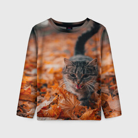 Детский лонгслив 3D с принтом мяукающий кот осенние листья  в Новосибирске, 100% полиэстер | длинные рукава, круглый вырез горловины, полуприлегающий силуэт
 | золотая осень | кот | кошка | крик | листва | листья | мяу | мяукает | осень | сезон | уличный котейка