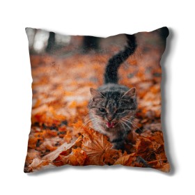 Подушка 3D с принтом мяукающий кот осенние листья в Новосибирске, наволочка – 100% полиэстер, наполнитель – холлофайбер (легкий наполнитель, не вызывает аллергию). | состоит из подушки и наволочки. Наволочка на молнии, легко снимается для стирки | золотая осень | кот | кошка | крик | листва | листья | мяу | мяукает | осень | сезон | уличный котейка