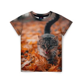 Детская футболка 3D с принтом мяукающий кот осенние листья в Новосибирске, 100% гипоаллергенный полиэфир | прямой крой, круглый вырез горловины, длина до линии бедер, чуть спущенное плечо, ткань немного тянется | золотая осень | кот | кошка | крик | листва | листья | мяу | мяукает | осень | сезон | уличный котейка