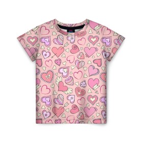 Детская футболка 3D с принтом Сердечки разные в Новосибирске, 100% гипоаллергенный полиэфир | прямой крой, круглый вырез горловины, длина до линии бедер, чуть спущенное плечо, ткань немного тянется | blue | flower | flowers | love | love is | loves | pink | rose | бабочка | бабочки | голубая | девочке | девушке | красивая | мода | парню | подарок | приятная | роза | розовая | сердечки | сердце | текстура | тренд | цветок