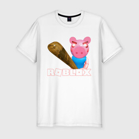 Мужская футболка хлопок Slim с принтом Roblox piggy/Свинка Пигги. в Новосибирске, 92% хлопок, 8% лайкра | приталенный силуэт, круглый вырез ворота, длина до линии бедра, короткий рукав | game | pig | roblox piggy | игры | ммо | роблокс | свинка пигги | свинка роблокс | свинья из роблокс