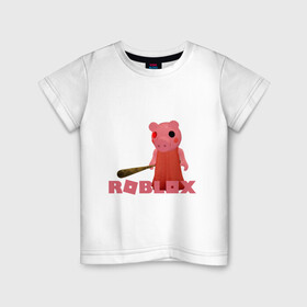 Детская футболка хлопок с принтом ROBLOX: PIGGI. в Новосибирске, 100% хлопок | круглый вырез горловины, полуприлегающий силуэт, длина до линии бедер | game | gamer | logo | minecraft | piggi | roblox | simulator | игра | конструктор | лого | пигги | свинья | симулятор | строительство | фигура