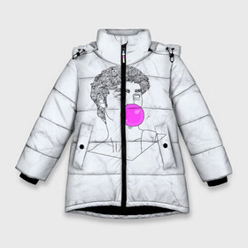 Зимняя куртка для девочек 3D с принтом Bubble gum в Новосибирске, ткань верха — 100% полиэстер; подклад — 100% полиэстер, утеплитель — 100% полиэстер. | длина ниже бедра, удлиненная спинка, воротник стойка и отстегивающийся капюшон. Есть боковые карманы с листочкой на кнопках, утяжки по низу изделия и внутренний карман на молнии. 

Предусмотрены светоотражающий принт на спинке, радужный светоотражающий элемент на пуллере молнии и на резинке для утяжки. | bubble gum | скульптура | статуя