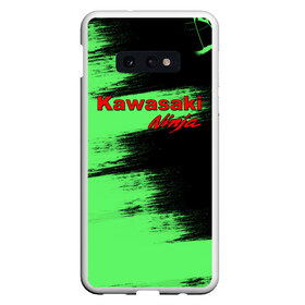 Чехол для Samsung S10E с принтом Kawasaki в Новосибирске, Силикон | Область печати: задняя сторона чехла, без боковых панелей | Тематика изображения на принте: kawasaki | moto | ninja | брызги | дорога | кавасаки | краска | мотоцикл | надпись | неон | ниндзя | паутина | скорость | текстура