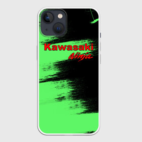 Чехол для iPhone 13 с принтом Kawasaki в Новосибирске,  |  | kawasaki | moto | ninja | брызги | дорога | кавасаки | краска | мотоцикл | надпись | неон | ниндзя | паутина | скорость | текстура