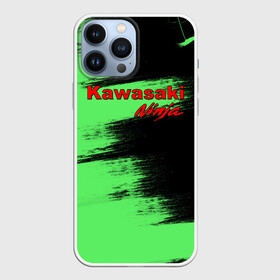 Чехол для iPhone 13 Pro Max с принтом Kawasaki в Новосибирске,  |  | Тематика изображения на принте: kawasaki | moto | ninja | брызги | дорога | кавасаки | краска | мотоцикл | надпись | неон | ниндзя | паутина | скорость | текстура