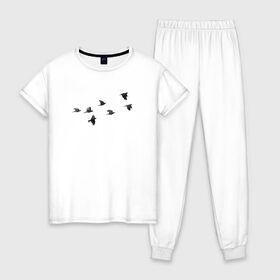 Женская пижама хлопок с принтом Птицы в Новосибирске, 100% хлопок | брюки и футболка прямого кроя, без карманов, на брюках мягкая резинка на поясе и по низу штанин | птицы | рисунок. минимализм