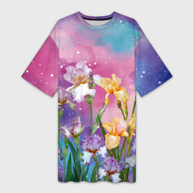 Платье-футболка 3D с принтом Сказочные Ирисы в Новосибирске,  |  | Тематика изображения на принте: pink | summer | бабочки | бутоны | ветки | женщинам | звезды | ирисы | лепестки | летний | лето | листья | любовь | март | небо | облака | подарок | поляна | природа | радуга | растения | сад | тропика | цветение