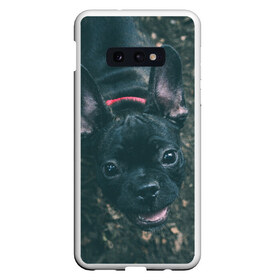 Чехол для Samsung S10E с принтом Бульдог морда собакена черного в Новосибирске, Силикон | Область печати: задняя сторона чехла, без боковых панелей | Тематика изображения на принте: бульдог | гав | глаза | любимец | любителю животных | ошейник | пес | песель | песик | питомец | псина | псинка | собака | собакен | собачка | собачник | уши | черный | язык