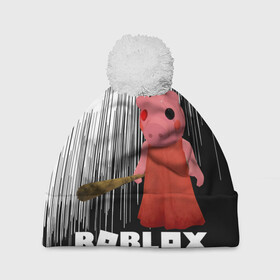 Шапка 3D c помпоном с принтом Roblox piggy/Свинка Пигги. в Новосибирске, 100% полиэстер | универсальный размер, печать по всей поверхности изделия | game | gamer | logo | minecraft | piggi | roblox | simulator | игра | конструктор | лого | пигги | свинья | симулятор | строительство | фигура