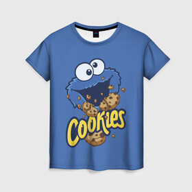 Женская футболка 3D с принтом Cookies в Новосибирске, 100% полиэфир ( синтетическое хлопкоподобное полотно) | прямой крой, круглый вырез горловины, длина до линии бедер | Тематика изображения на принте: cookie | cookiemonster | delicious | eat | monster | yummy | еда | коржик | куки | кукимонстр | монстр | печенье | сезам | сладости | улица | улицасезам