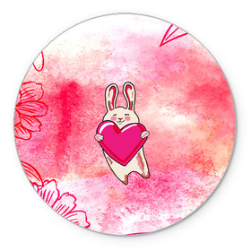 Коврик для мышки круглый с принтом Влюбленный Зайчик в Новосибирске, резина и полиэстер | круглая форма, изображение наносится на всю лицевую часть | like | love | loveis | pink | валентин | влюбленным | женщинам | животные | зайка | зайчик | заяц | звери | каваи | кролик | лапки | люблю | любовь | мордочка | няшный | подарок | прикольный | сердечки | сердце