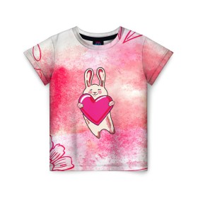 Детская футболка 3D с принтом Влюбленный Зайчик в Новосибирске, 100% гипоаллергенный полиэфир | прямой крой, круглый вырез горловины, длина до линии бедер, чуть спущенное плечо, ткань немного тянется | like | love | loveis | pink | валентин | влюбленным | женщинам | животные | зайка | зайчик | заяц | звери | каваи | кролик | лапки | люблю | любовь | мордочка | няшный | подарок | прикольный | сердечки | сердце