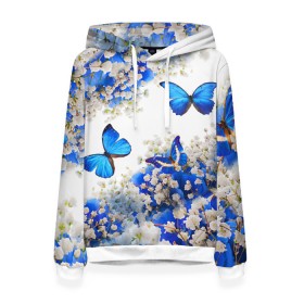 Женская толстовка 3D с принтом Butterfly | Blue White в Новосибирске, 100% полиэстер  | двухслойный капюшон со шнурком для регулировки, мягкие манжеты на рукавах и по низу толстовки, спереди карман-кенгуру с мягким внутренним слоем. | butterfly | earth | flowers | forest | neon | бабочки | весенняя | весна | зелень | земля | зима | зимняя | искусство | краски | лес | летняя | лето | море | неон | океан | осенняя | природа | приятная | растения | рестение