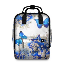 Женский рюкзак 3D с принтом Butterfly | Blue White в Новосибирске, 100% полиэстер | лямки с регулируемой длиной, сверху ручки, чтобы рюкзак нести как сумку. Основное отделение закрывается на молнию, как и внешний карман. Внутри два дополнительных кармана, один из которых закрывается на молнию. По бокам два дополнительных кармашка, куда поместится маленькая бутылочка
 | Тематика изображения на принте: butterfly | earth | flowers | forest | neon | бабочки | весенняя | весна | зелень | земля | зима | зимняя | искусство | краски | лес | летняя | лето | море | неон | океан | осенняя | природа | приятная | растения | рестение