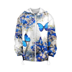 Детская куртка 3D с принтом Butterfly | Blue White в Новосибирске, 100% полиэстер | застежка — молния, подол и капюшон оформлены резинкой с фиксаторами, по бокам — два кармана без застежек, один потайной карман на груди, плотность верхнего слоя — 90 г/м2; плотность флисового подклада — 260 г/м2 | butterfly | earth | flowers | forest | neon | бабочки | весенняя | весна | зелень | земля | зима | зимняя | искусство | краски | лес | летняя | лето | море | неон | океан | осенняя | природа | приятная | растения | рестение