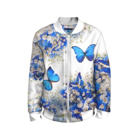 Детский бомбер 3D с принтом Butterfly | Blue White в Новосибирске, 100% полиэстер | застегивается на молнию, по бокам два кармана без застежек, мягкие манжеты, по низу бомбера и на воротнике — эластичная резинка | butterfly | earth | flowers | forest | neon | бабочки | весенняя | весна | зелень | земля | зима | зимняя | искусство | краски | лес | летняя | лето | море | неон | океан | осенняя | природа | приятная | растения | рестение