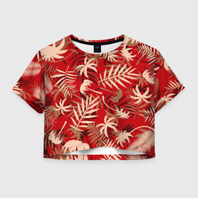 Женская футболка Crop-top 3D с принтом ТРОПИЧЕСКИЕ ПАЛЬМЫ. в Новосибирске, 100% полиэстер | круглая горловина, длина футболки до линии талии, рукава с отворотами | 2020 | tropical | лето | лето2020 | листья | пальмы | тропические пальмы