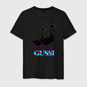 Мужская футболка хлопок с принтом Gussi в Новосибирске, 100% хлопок | прямой крой, круглый вырез горловины, длина до линии бедер, слегка спущенное плечо. | gucci | gussi | антибренд | бренд | гуси | гусь | гучи | гуччи | мем | мемы | неон | прикол