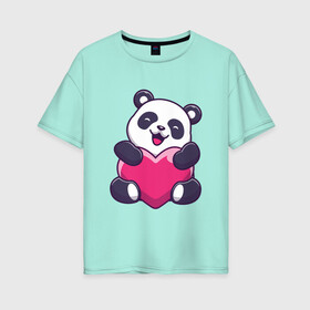Женская футболка хлопок Oversize с принтом Панда love в Новосибирске, 100% хлопок | свободный крой, круглый ворот, спущенный рукав, длина до линии бедер
 | love | влюблённая панда | панда | панда love | панда обнимает сердечко | панда с сердечком | панда с сердцем | панда сердечко | панда сердце | сердечко | сердце