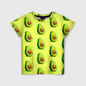Детская футболка 3D с принтом Авокадо в Новосибирске, 100% гипоаллергенный полиэфир | прямой крой, круглый вырез горловины, длина до линии бедер, чуть спущенное плечо, ткань немного тянется | авокадо | арт | в разрезе | вкусно | вкусный фрукт | желтый | зеленый | косточка | крупная косточка | разрез | рисунок | сладко | сочно | фрукт
