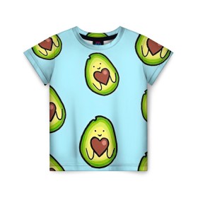Детская футболка 3D с принтом Милое авокадо в Новосибирске, 100% гипоаллергенный полиэфир | прямой крой, круглый вырез горловины, длина до линии бедер, чуть спущенное плечо, ткань немного тянется | Тематика изображения на принте: авокадо | арт | вкусняшка | мило | милое | рисунок | сердечко | сердце | фрукт | шоколад