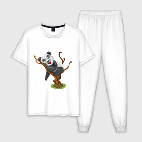 Мужская пижама хлопок с принтом Смешная панда в Новосибирске, 100% хлопок | брюки и футболка прямого кроя, без карманов, на брюках мягкая резинка на поясе и по низу штанин
 | Тематика изображения на принте: exclusive merch | дерево | детская | животные | звери | панда | смешная | спит | язык