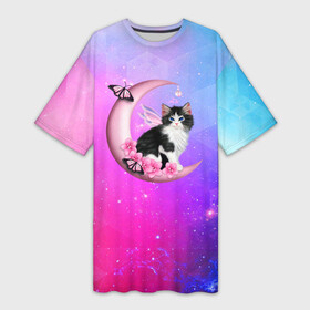 Платье-футболка 3D с принтом Котик На Луне в Новосибирске,  |  | cat | cats | kitten | mem | memes | moon | глаза | глазки | киска | кот | котёнок | котик | котики | котэ | котята | кошак | кошка | кошки | красивая | луна | лунный кот | мем | мемчики | милая | прикольная | светлая | темная