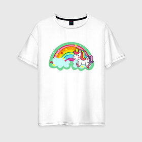 Женская футболка хлопок Oversize с принтом Единорог с радугой в Новосибирске, 100% хлопок | свободный крой, круглый ворот, спущенный рукав, длина до линии бедер
 | аниме | единорог | животные | звёзды | звери | картинки | мультфильмы | прикольные | радуга | сердца | цветы