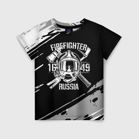 Детская футболка 3D с принтом FIREFIGHTER 1649 RUSSIA в Новосибирске, 100% гипоаллергенный полиэфир | прямой крой, круглый вырез горловины, длина до линии бедер, чуть спущенное плечо, ткань немного тянется | Тематика изображения на принте: 112 | 27 декабря | firefighter | багор | белая | герб | гкчс | знак | лого | логотип | маска | мчс | мчсник | пожарная охрана | пожарник | пожарный | пч | россии | рф | серая | символ | служба | состаренная