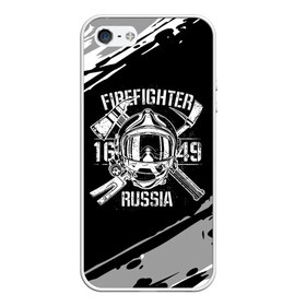 Чехол для iPhone 5/5S матовый с принтом FIREFIGHTER 1649 RUSSIA в Новосибирске, Силикон | Область печати: задняя сторона чехла, без боковых панелей | Тематика изображения на принте: 112 | 27 декабря | firefighter | багор | белая | герб | гкчс | знак | лого | логотип | маска | мчс | мчсник | пожарная охрана | пожарник | пожарный | пч | россии | рф | серая | символ | служба | состаренная